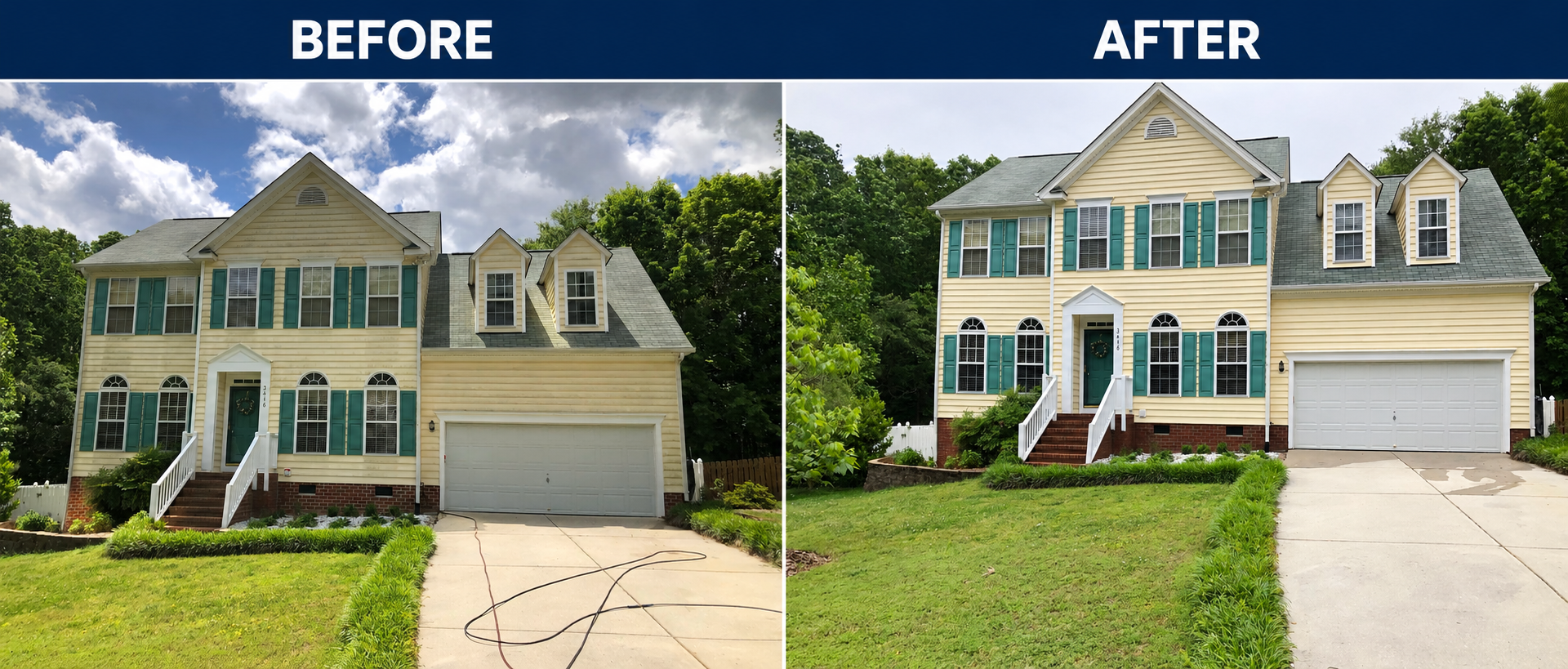 Before and after house soft washing by Patriot Softwash at a yellow home in Wake Forest, North Carolina.