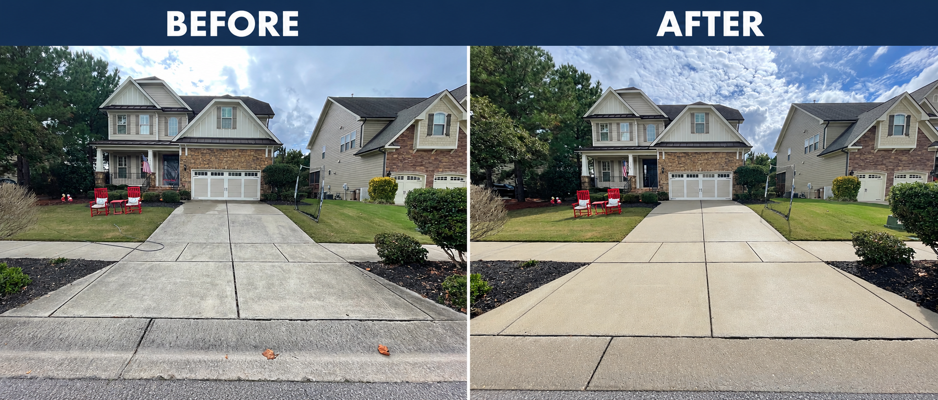 Before and after concrete driveway cleaning by Patriot Softwash at a stone front home in Wake Forest, North Carolina.