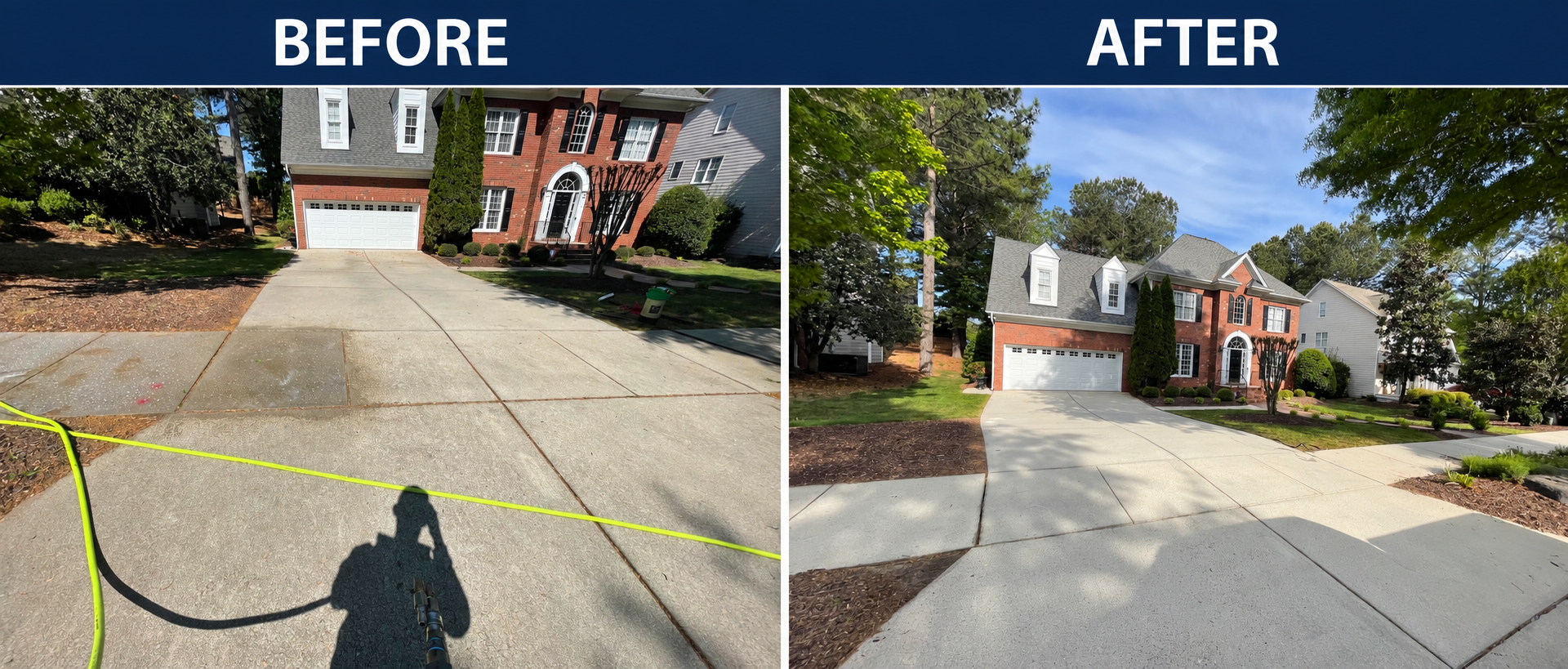 Before and after driveway pressure washing by Patriot Softwash at a brick home in Wake Forest, North Carolina.