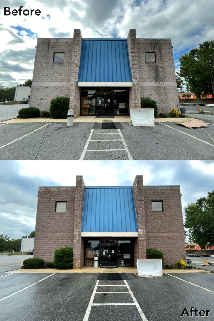 Commercial building exterior before and after cleaning by Patriot Softwash