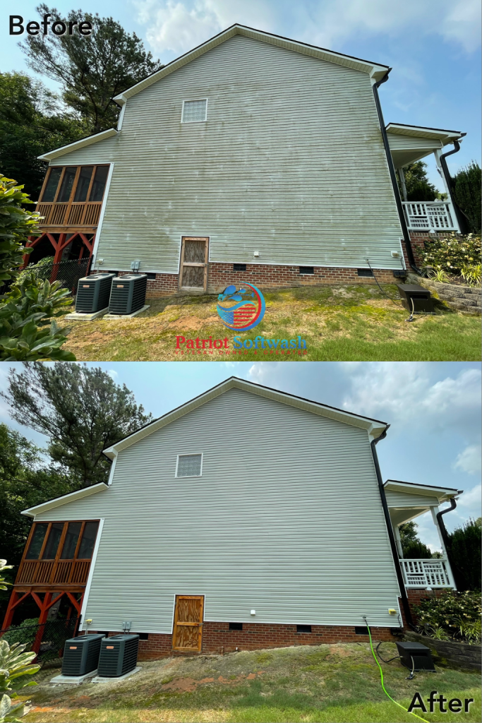 Clayton home siding before and after soft washing by Patriot Softwash
