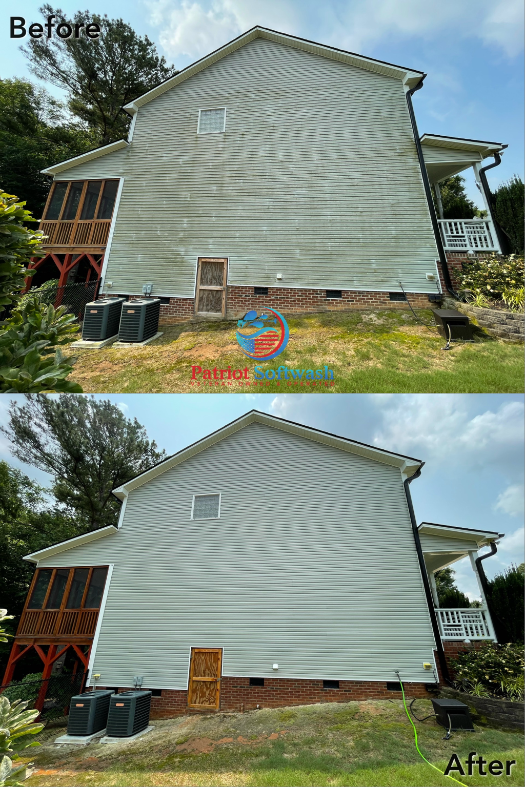 Clayton home siding before and after soft washing by Patriot Softwash