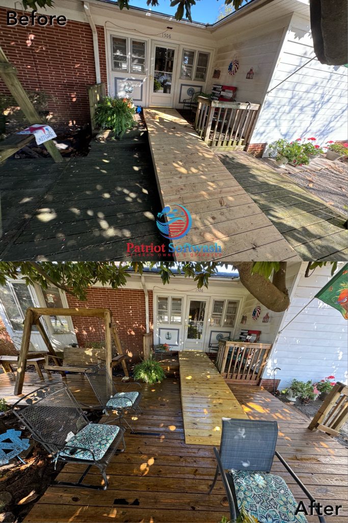Before and after wood deck cleaning with porch swing in Apex, North Carolina