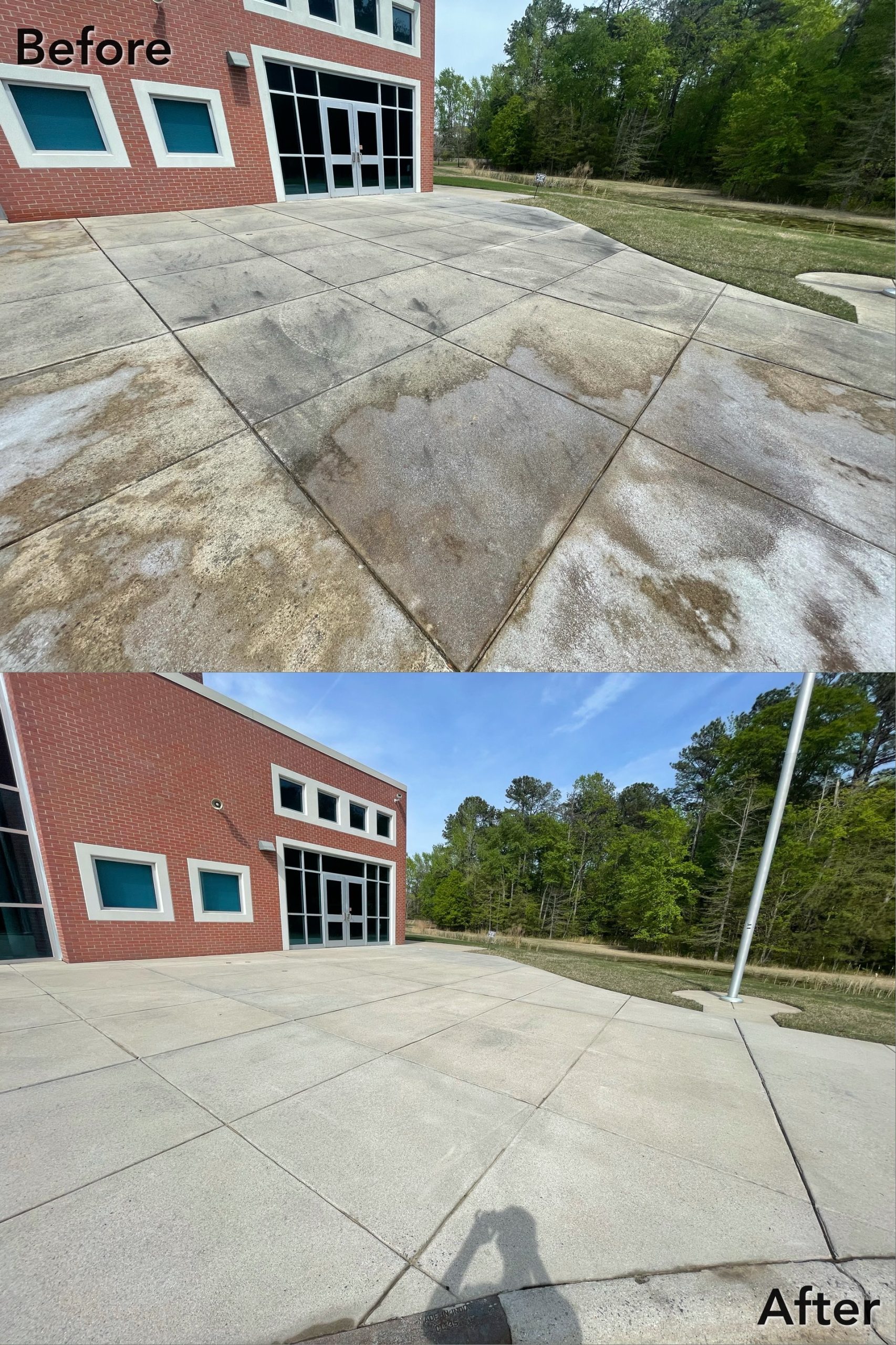 Concrete entrance at Johnston Community College Workforce Development Center before and after pressure washing by Patriot Softwash