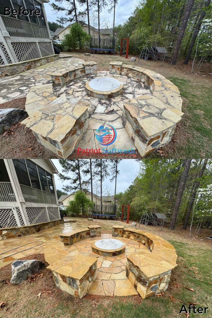 Before and after cleaning a stone patio, seating walls, and fire pit in Clayton, NC