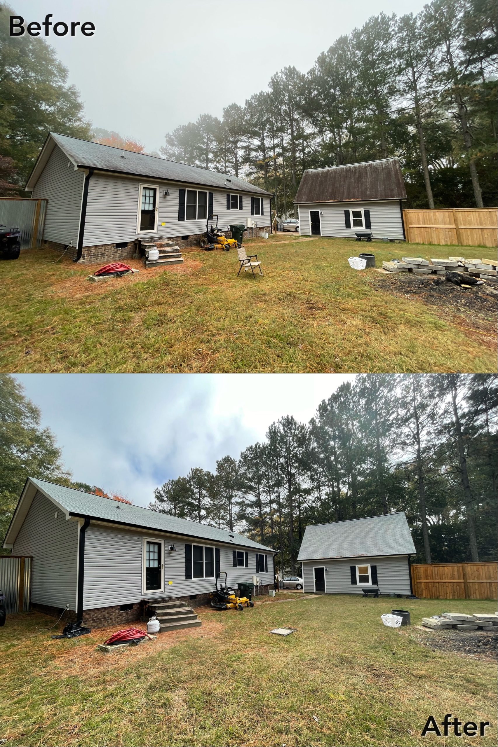 Roof before and after soft washing by Patriot Softwash